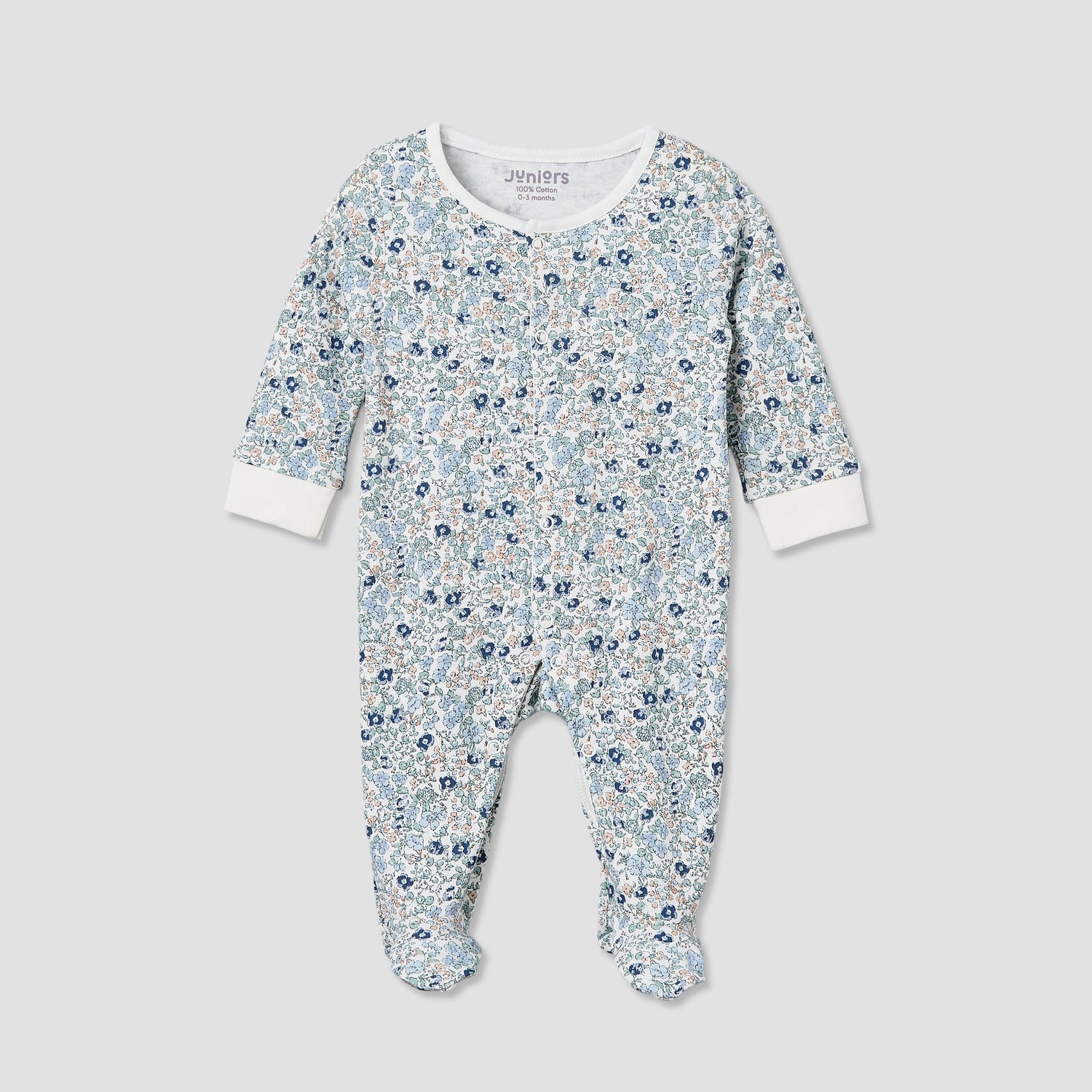 Pack of 2 Juniors Cotton Round Neck Long Sleeve Sleepsuit with Floral Print