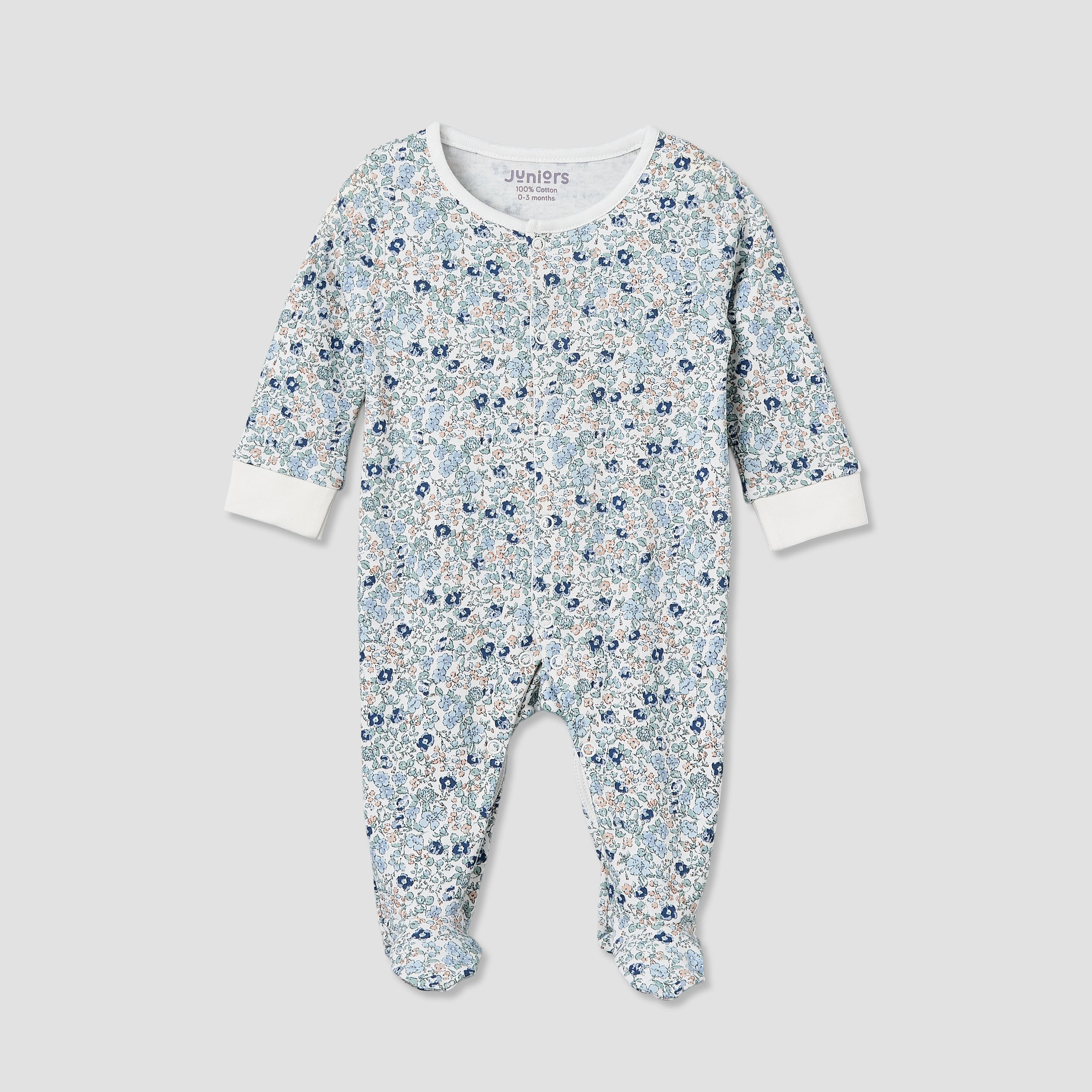 Pack of 2 Juniors Cotton Round Neck Long Sleeve Sleepsuit with Floral Print