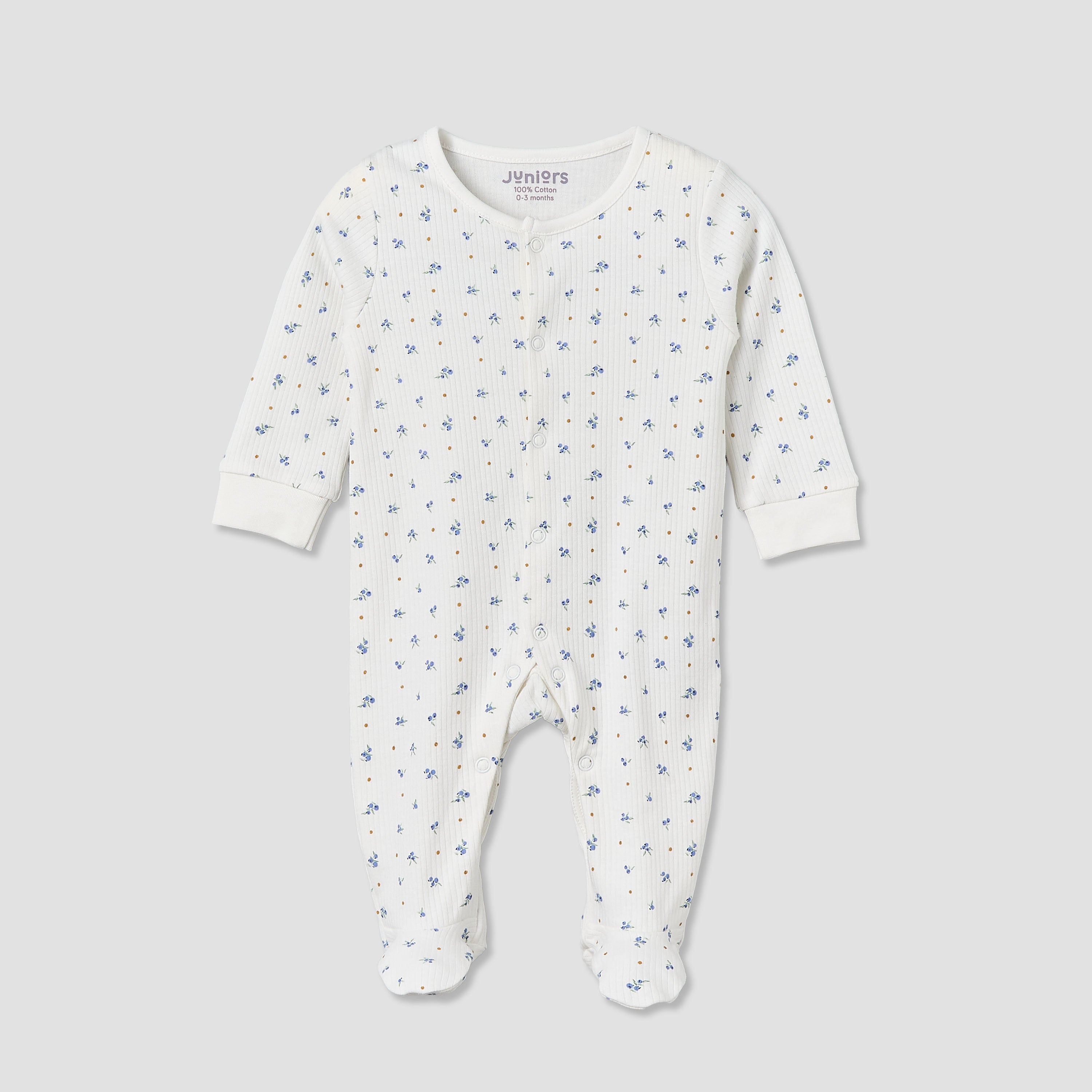 Pack of 2 Juniors Cotton Round Neck Long Sleeve Sleepsuit with Floral Print