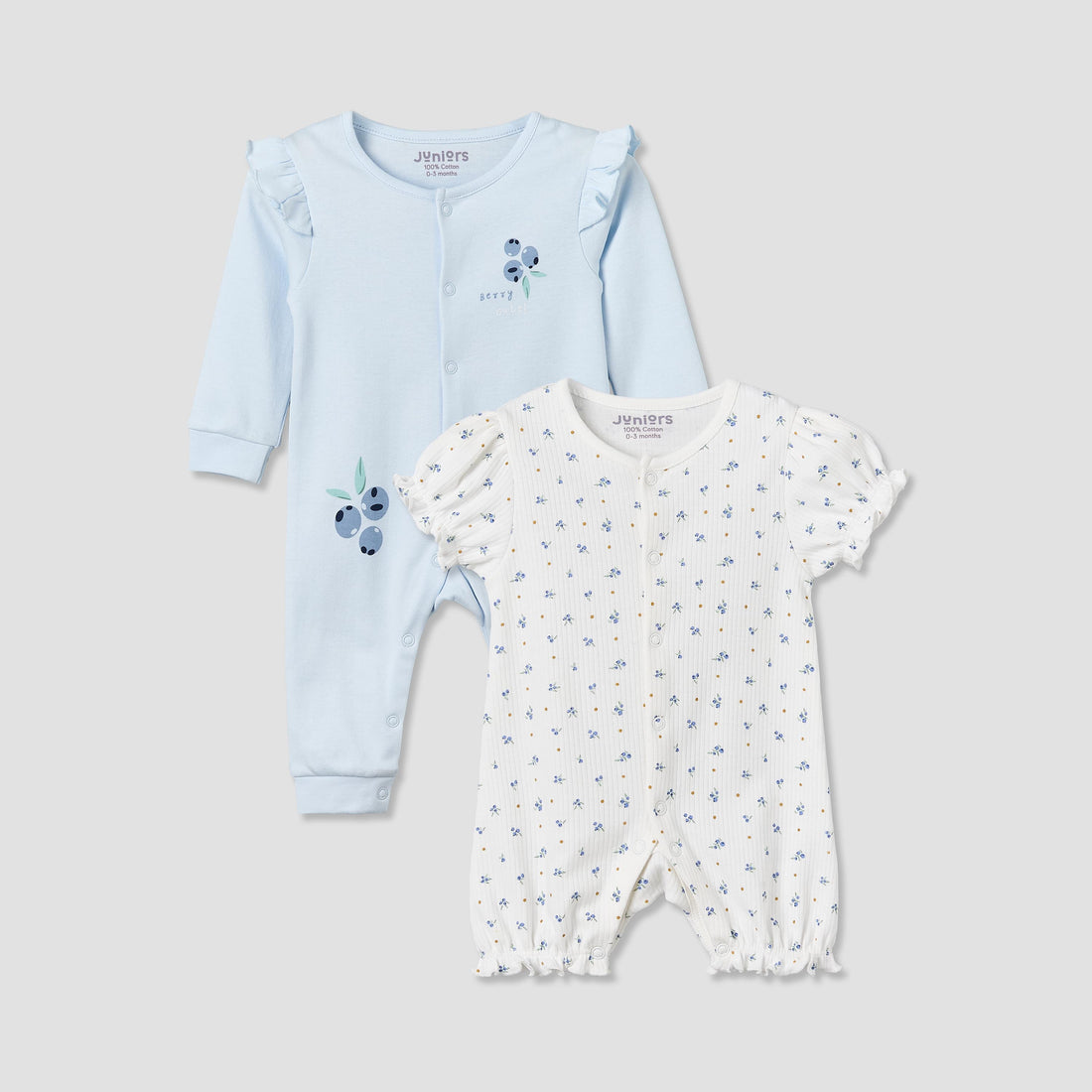 Set of 2 Juniors Round Neck Short Sleeve Romper and Sleepsuit Set with Snap Button Closure - Blue / 12-18 mths