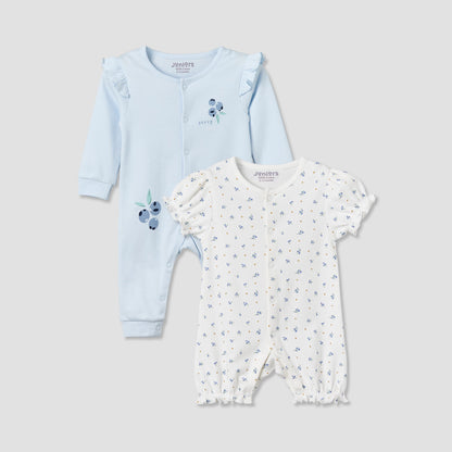 Set of 2 Juniors Round Neck Short Sleeve Romper and Sleepsuit Set with Snap Button Closure - Blue / 12-18 mths