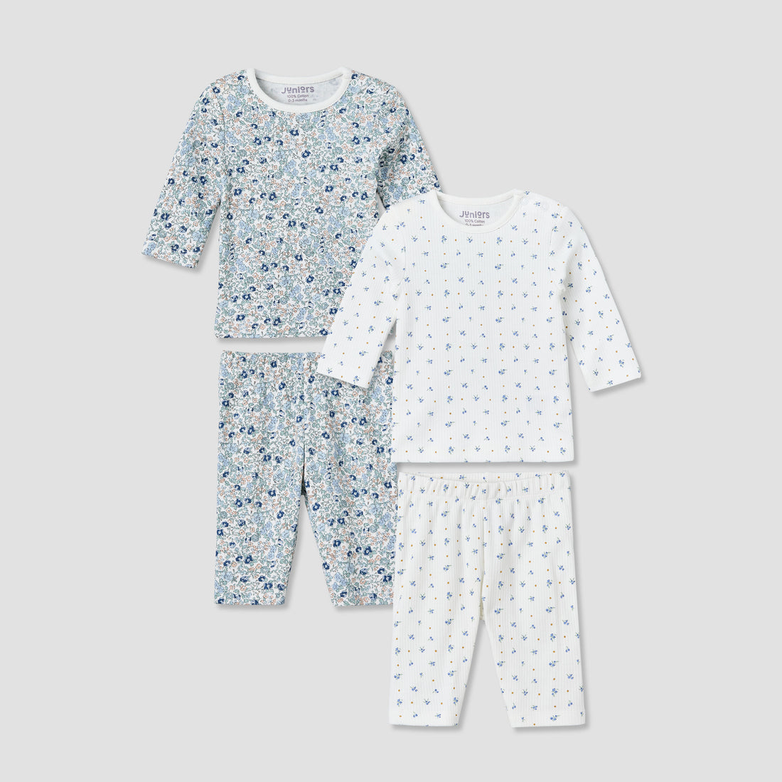 Set of 2 Juniors Cotton Round Neck Long Sleeves Pyjama Set with Floral Print - Blue / 12-18 mths