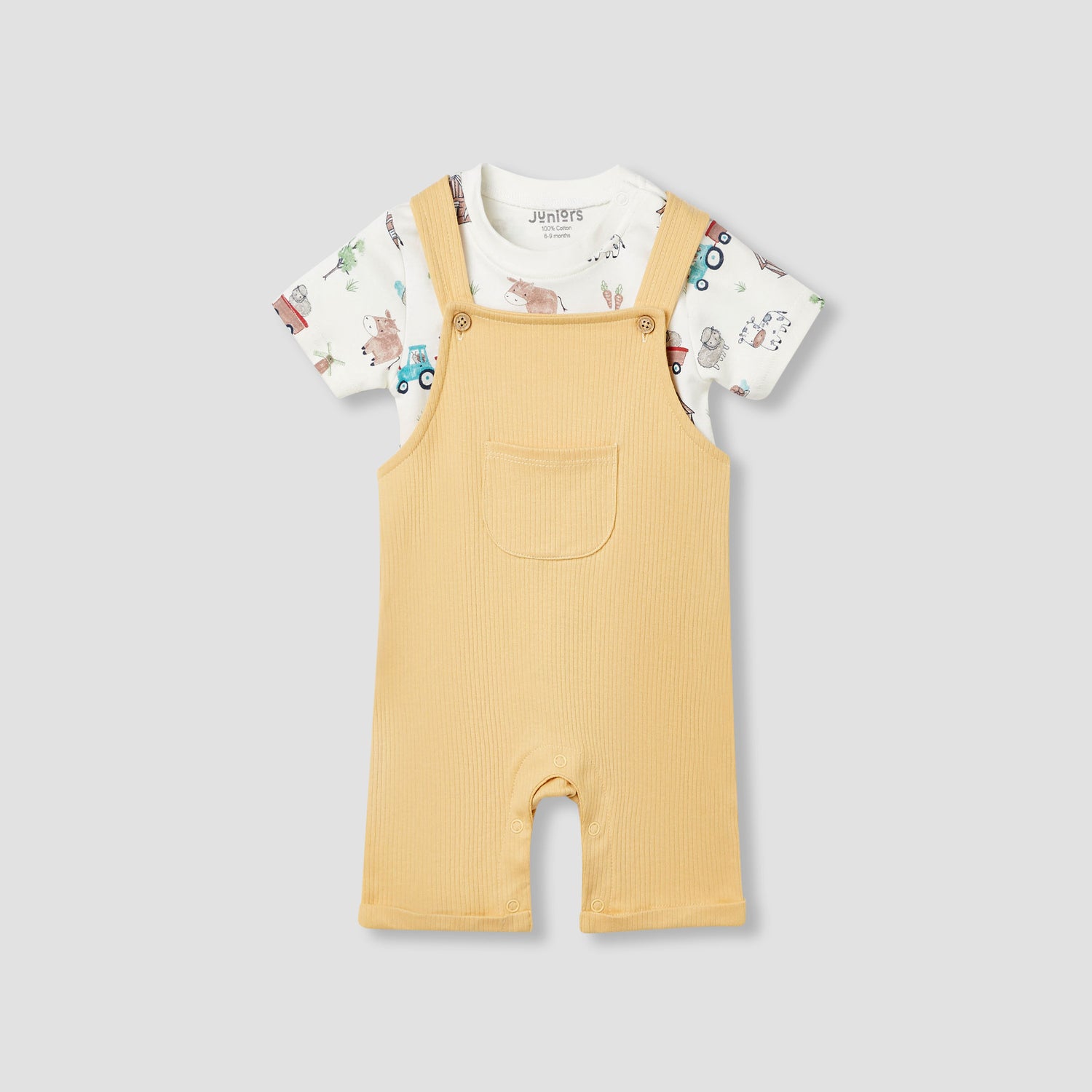Juniors Ribbed Dungaree and T-shirt Set - Yellow / 12-18 mths