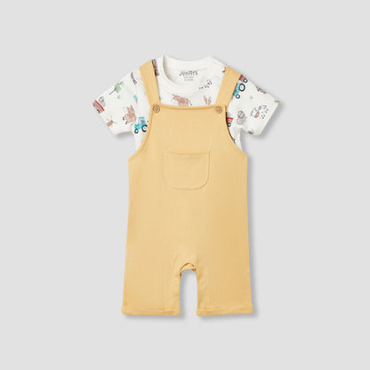 Juniors Ribbed Dungaree and T-shirt Set - Yellow / 12-18 mths