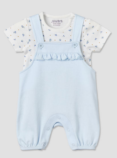 Juniors Round Neck Short Sleeve T-shirt and Dungaree Set with Blueberry Print-baby-girls-clothing-setsandcoords-image-1