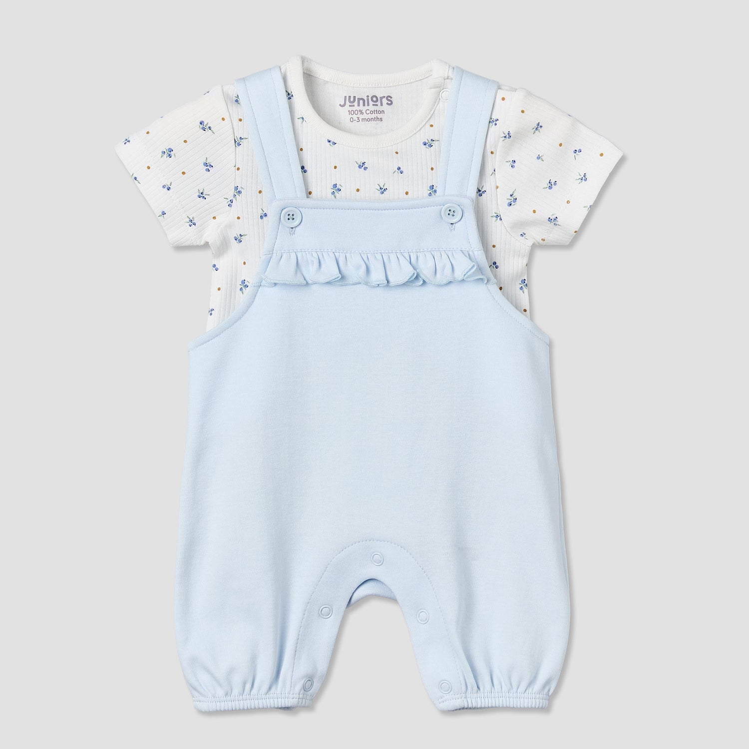 Juniors Round Neck Short Sleeve T-shirt and Dungaree Set with Blueberry Print - Blue / 12-18 mths