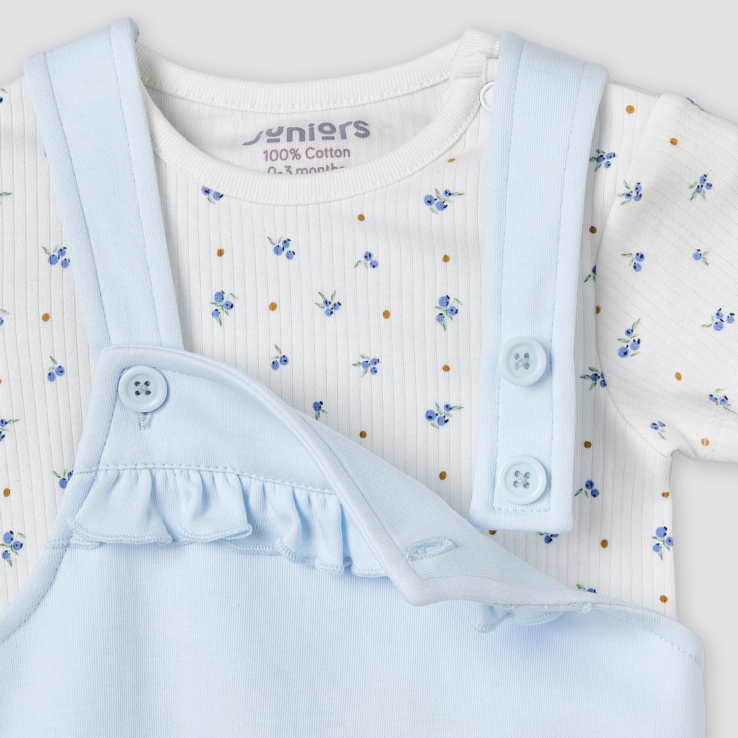 Juniors Round Neck Short Sleeve T-shirt and Dungaree Set with Blueberry Print