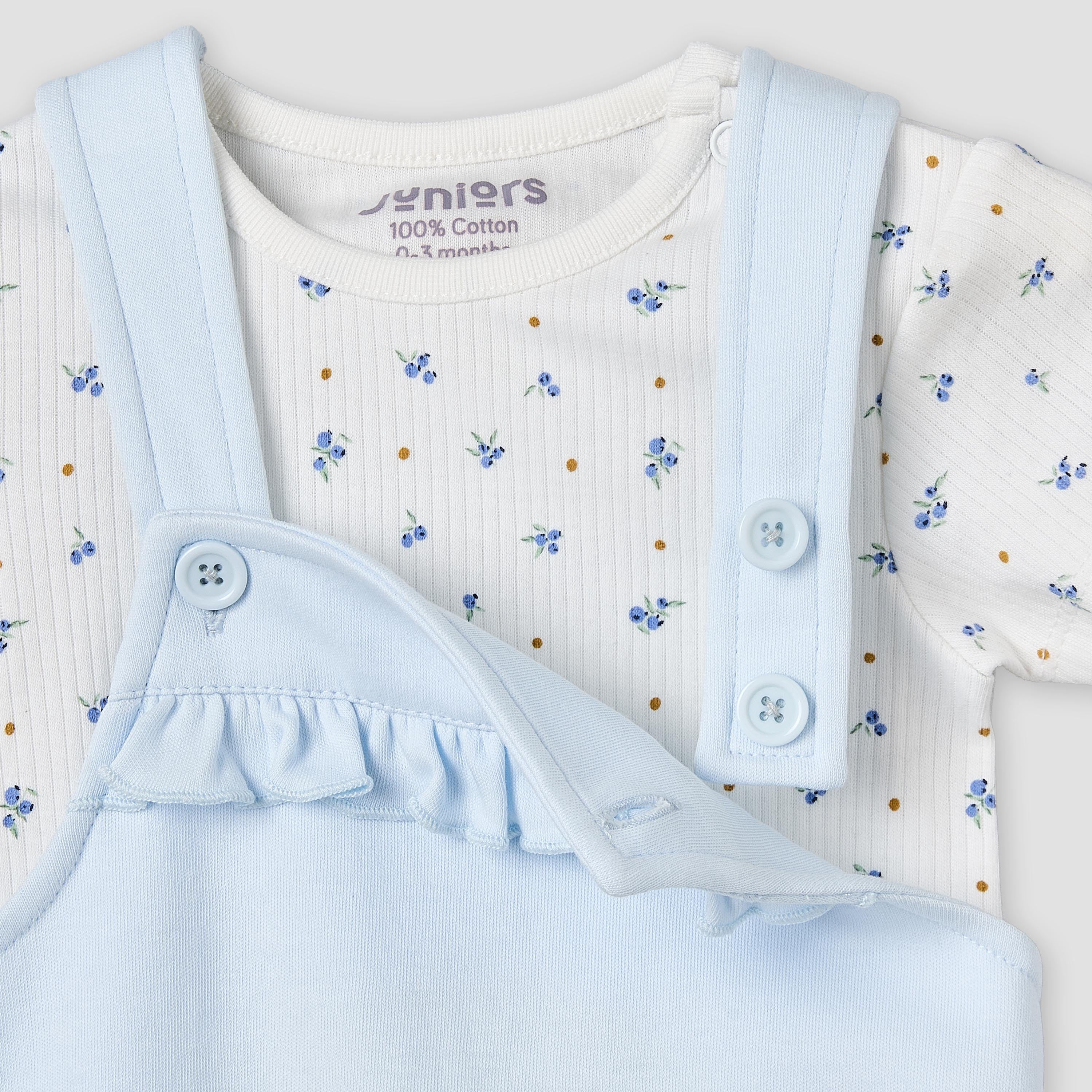 Juniors Round Neck Short Sleeve T-shirt and Dungaree Set with Blueberry Print