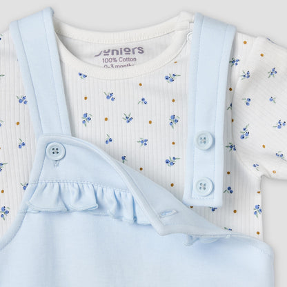 Juniors Round Neck Short Sleeve T-shirt and Dungaree Set with Blueberry Print