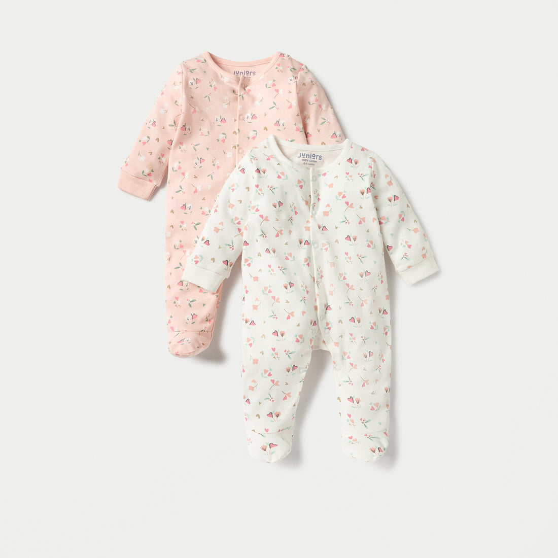 Juniors Floral Print Closed Foot Sleepsuit with Long Sleeves - Set of 2 - Multicolour / 9-12 mths