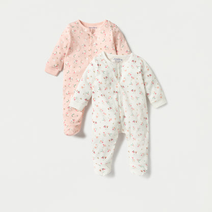 Juniors Floral Print Closed Foot Sleepsuit with Long Sleeves - Set of 2 - Multicolour / 9-12 mths