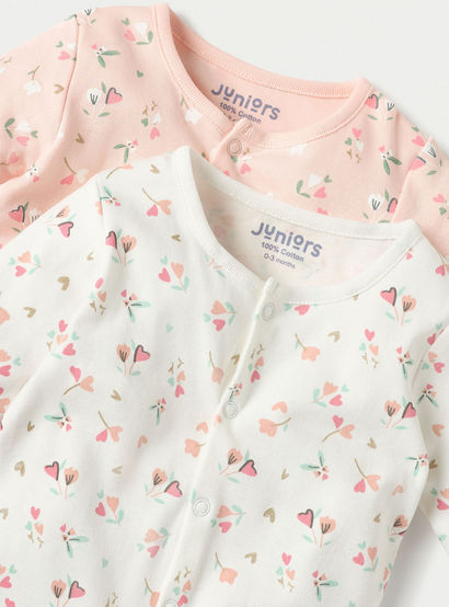 Juniors Floral Print Closed Foot Sleepsuit with Long Sleeves - Set of 2-baby-girls-clothing-nightwear-sleepsuits-image-4