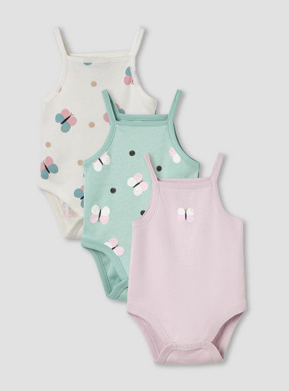 Pack of 3 Juniors Cotton Square Neck Strappy Bodysuit with Butterfly Print-baby-girls-clothing-bodysuits-image-1