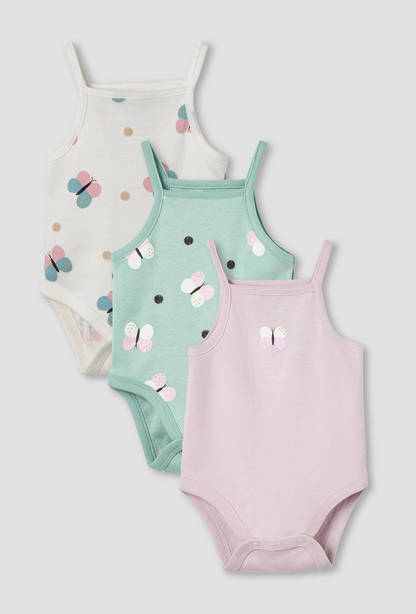 Pack of 3 Juniors Cotton Square Neck Strappy Bodysuit with Butterfly Print-undefined-image-1