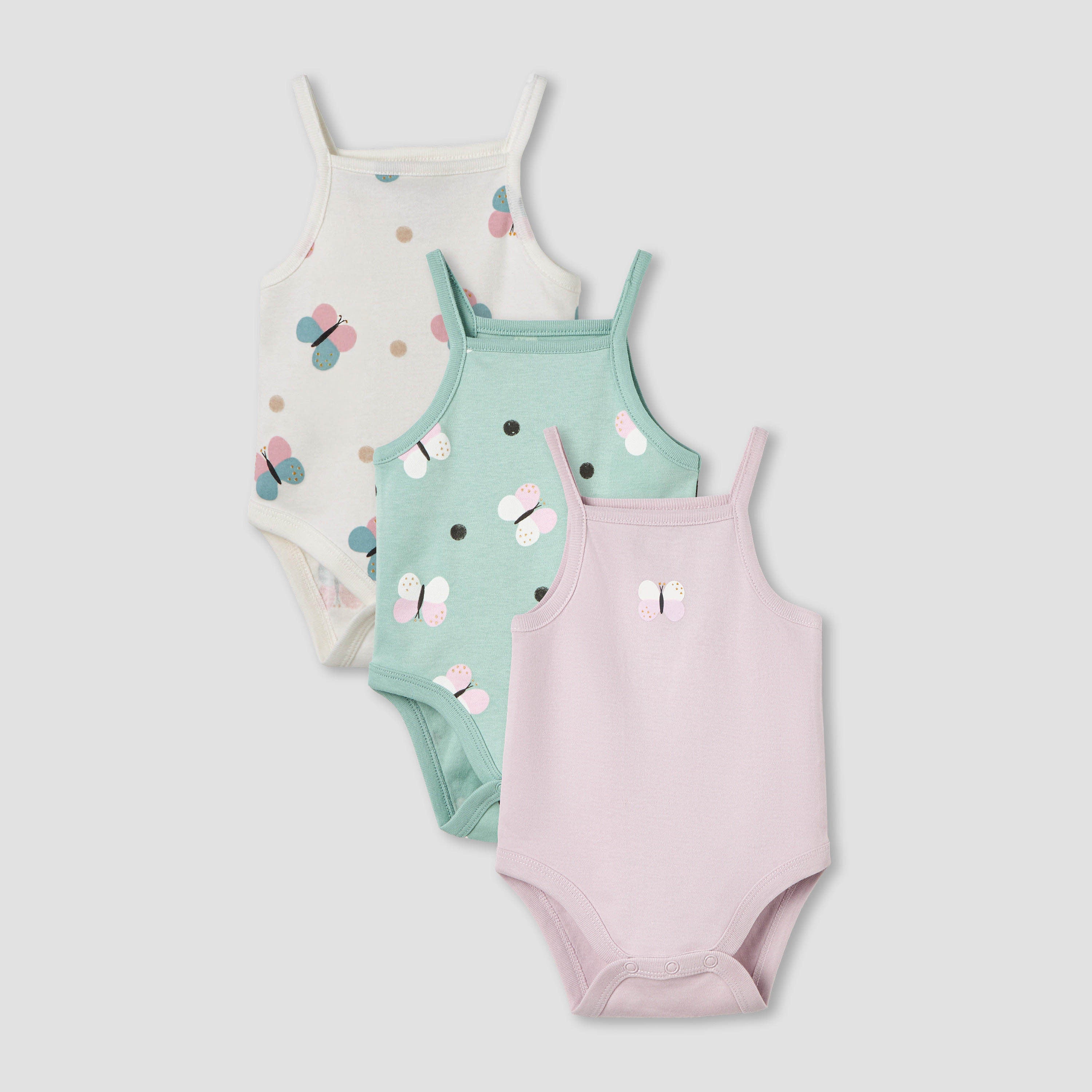 Pack of 3 Juniors Cotton Square Neck Strappy Bodysuit with Butterfly Print - Multicolour / 12-18 mths
