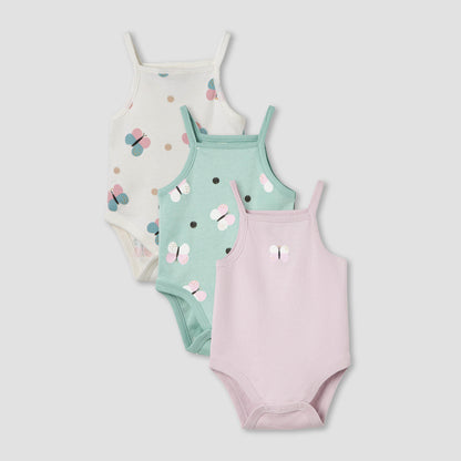 Pack of 3 Juniors Cotton Square Neck Strappy Bodysuit with Butterfly Print - Multicolour / 12-18 mths