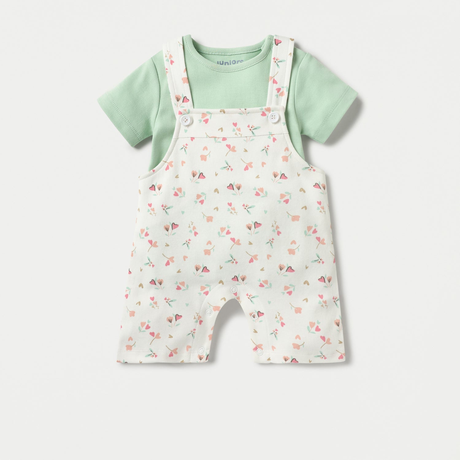 Juniors Floral Print Dungaree and Solid T-shirt Set