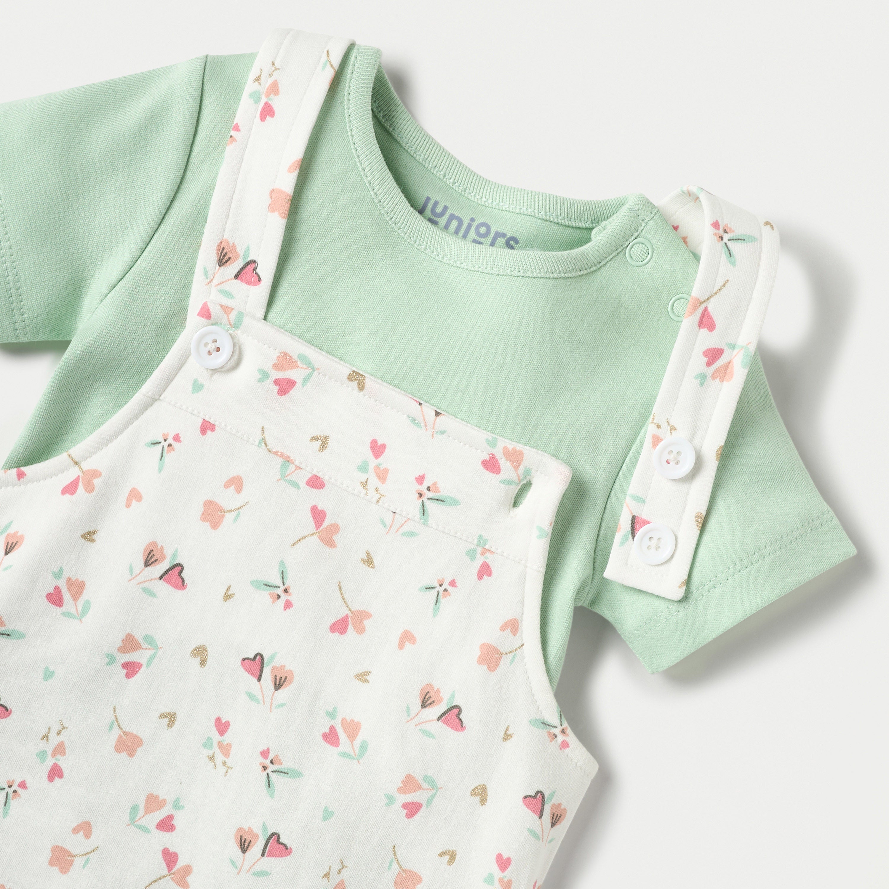 Juniors Floral Print Dungaree and Solid T-shirt Set