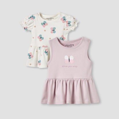 Pack of 2 Juniors Round Neck A-line Dress with Butterfly Print - Multicolour / 12-18 mths