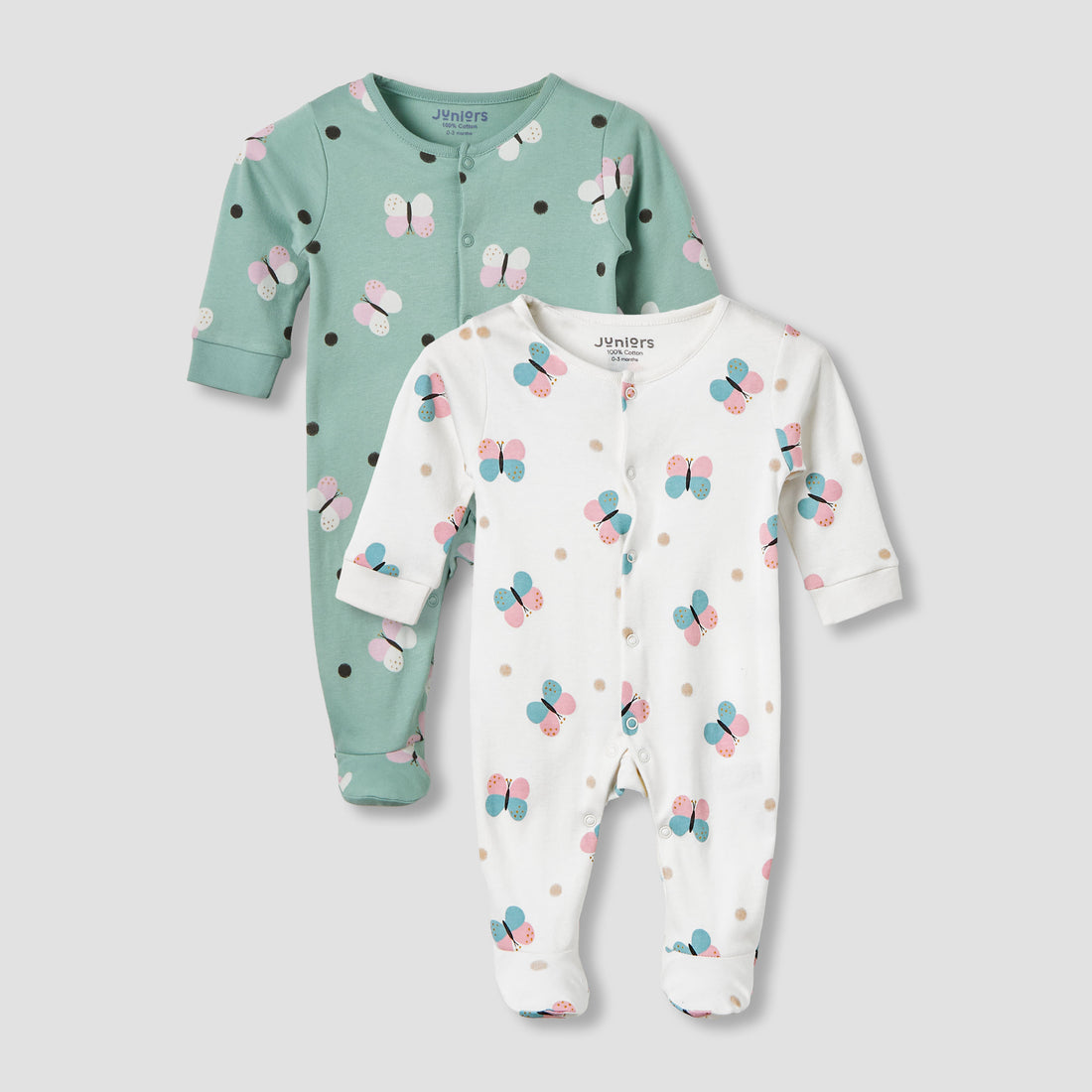Pack of 2 Juniors Cotton Round Neck Long Sleeves Sleepsuit with Butterfly Print - Multicolour / 9-12 mths