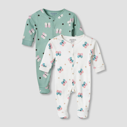 Pack of 2 Juniors Cotton Round Neck Long Sleeves Sleepsuit with Butterfly Print - Multicolour / 9-12 mths