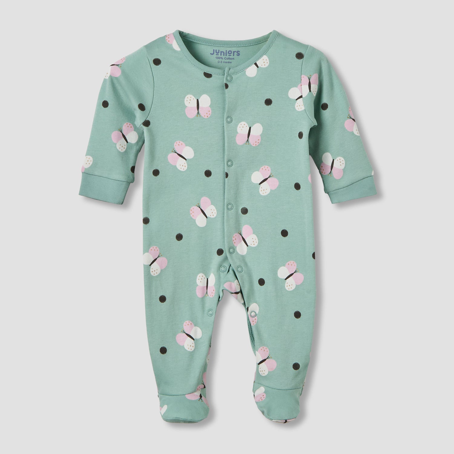 Pack of 2 Juniors Cotton Round Neck Long Sleeves Sleepsuit with Butterfly Print