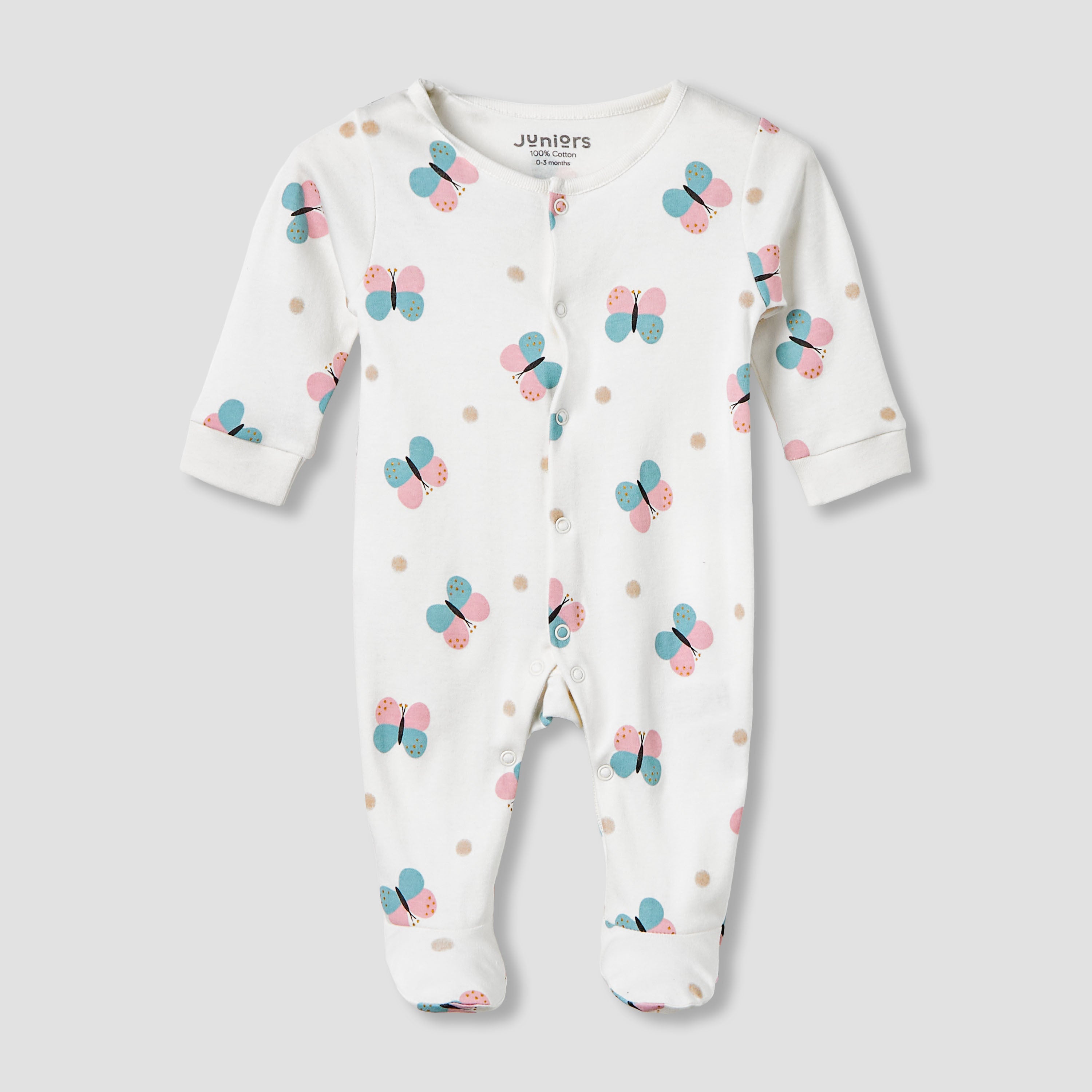 Pack of 2 Juniors Cotton Round Neck Long Sleeves Sleepsuit with Butterfly Print