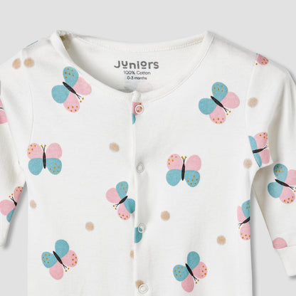 Pack of 2 Juniors Cotton Round Neck Long Sleeves Sleepsuit with Butterfly Print