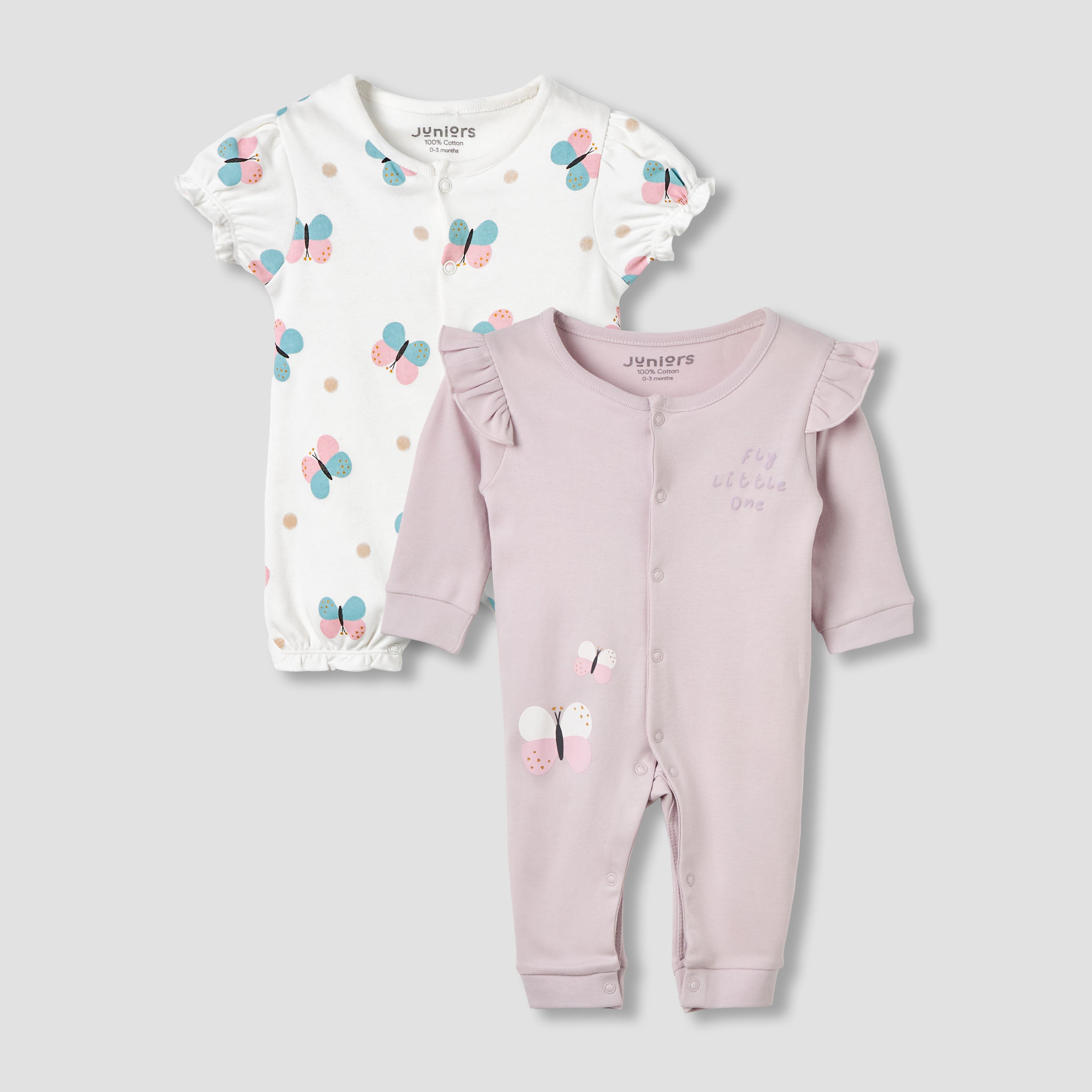 Pack of 2 Cotton Round Neck Sleepsuit with Snap Button Closure - Multicolour / 12-18 mths