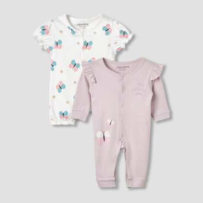 Pack of 2 Cotton Round Neck Sleepsuit with Snap Button Closure - Multicolour / 12-18 mths