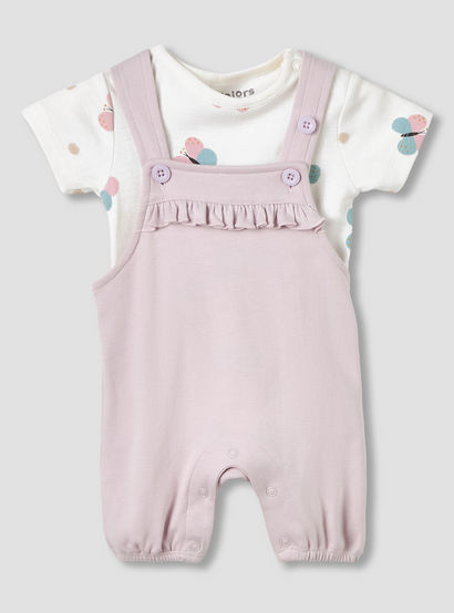 Juniors Round Neck Short Sleeves T-shirt and Dungaree Set with Butterfly Print-baby-girls-clothing-setsandcoords-image-1