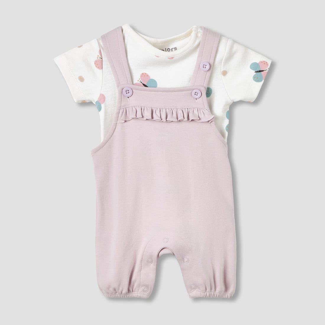 Juniors Round Neck Short Sleeves T-shirt and Dungaree Set with Butterfly Print - Multicolour / 12-18 mths