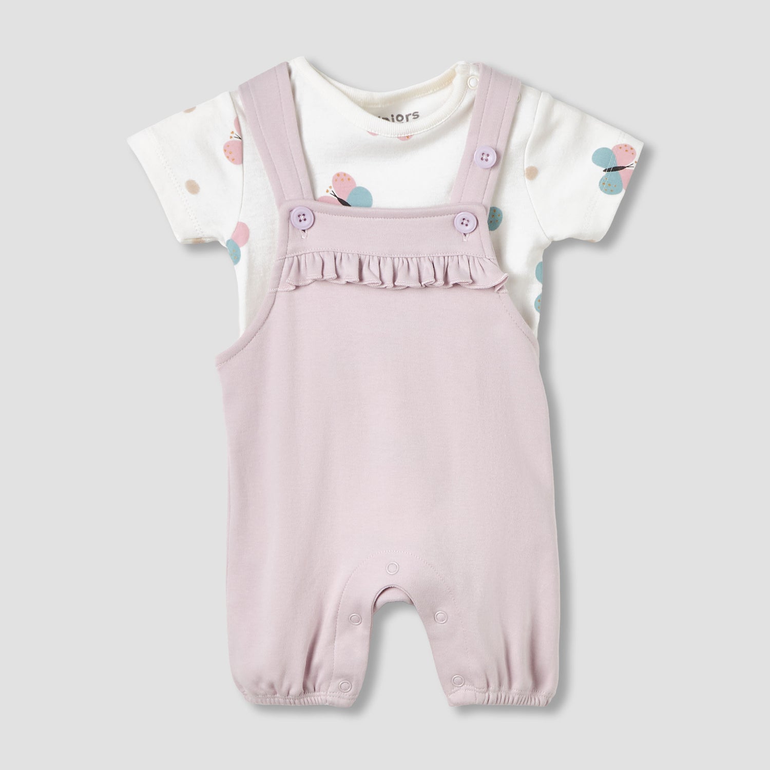 Juniors Round Neck Short Sleeves T-shirt and Dungaree Set with Butterfly Print - Multicolour / 12-18 mths