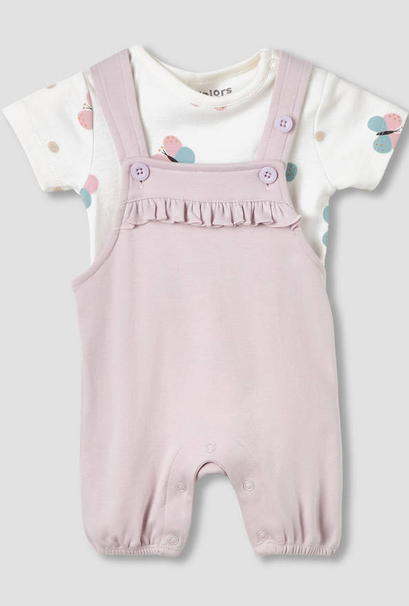 Juniors Round Neck Short Sleeves T-shirt and Dungaree Set with Butterfly Print
