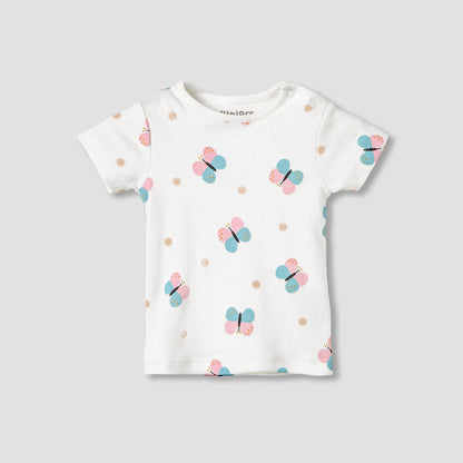 Juniors Round Neck Short Sleeves T-shirt and Dungaree Set with Butterfly Print
