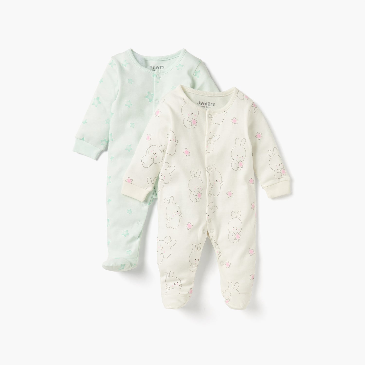 Juniors Printed Closed Feet Sleepsuit with Button Closure - Set of 2 - Multicolour / 9-12 mths