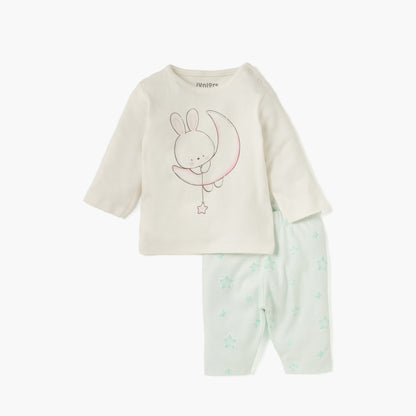 Juniors Bunny Print Long Sleeves T-shirt and Elasticated Pyjamas - Set of 2