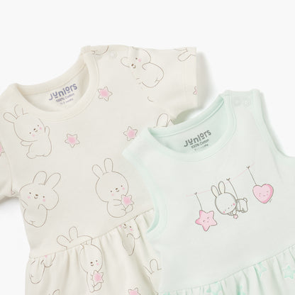 Juniors Printed Dress with Round Neck - Set of 2
