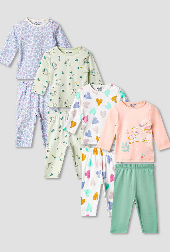 Juniors Pyjama Set with Fun Print - Soft Cotton - Long Sleeves - Round Neck - Set of 4