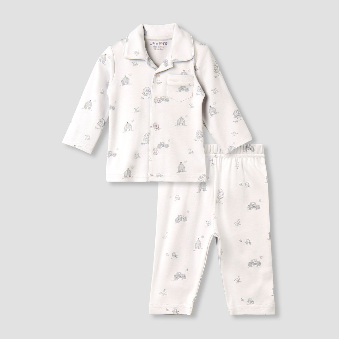 Juniors Cotton Collared Long Sleeves Pyjama Set with Barnyard Print - White / 18-24 mths