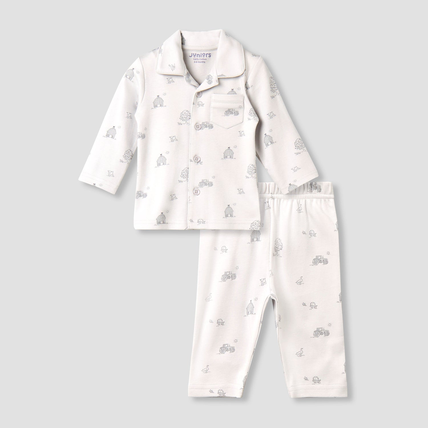 Juniors Cotton Collared Long Sleeves Pyjama Set with Barnyard Print - White / 18-24 mths