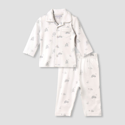 Juniors Cotton Collared Long Sleeves Pyjama Set with Barnyard Print - White / 18-24 mths
