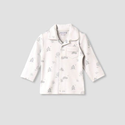 Juniors Cotton Collared Long Sleeves Pyjama Set with Barnyard Print