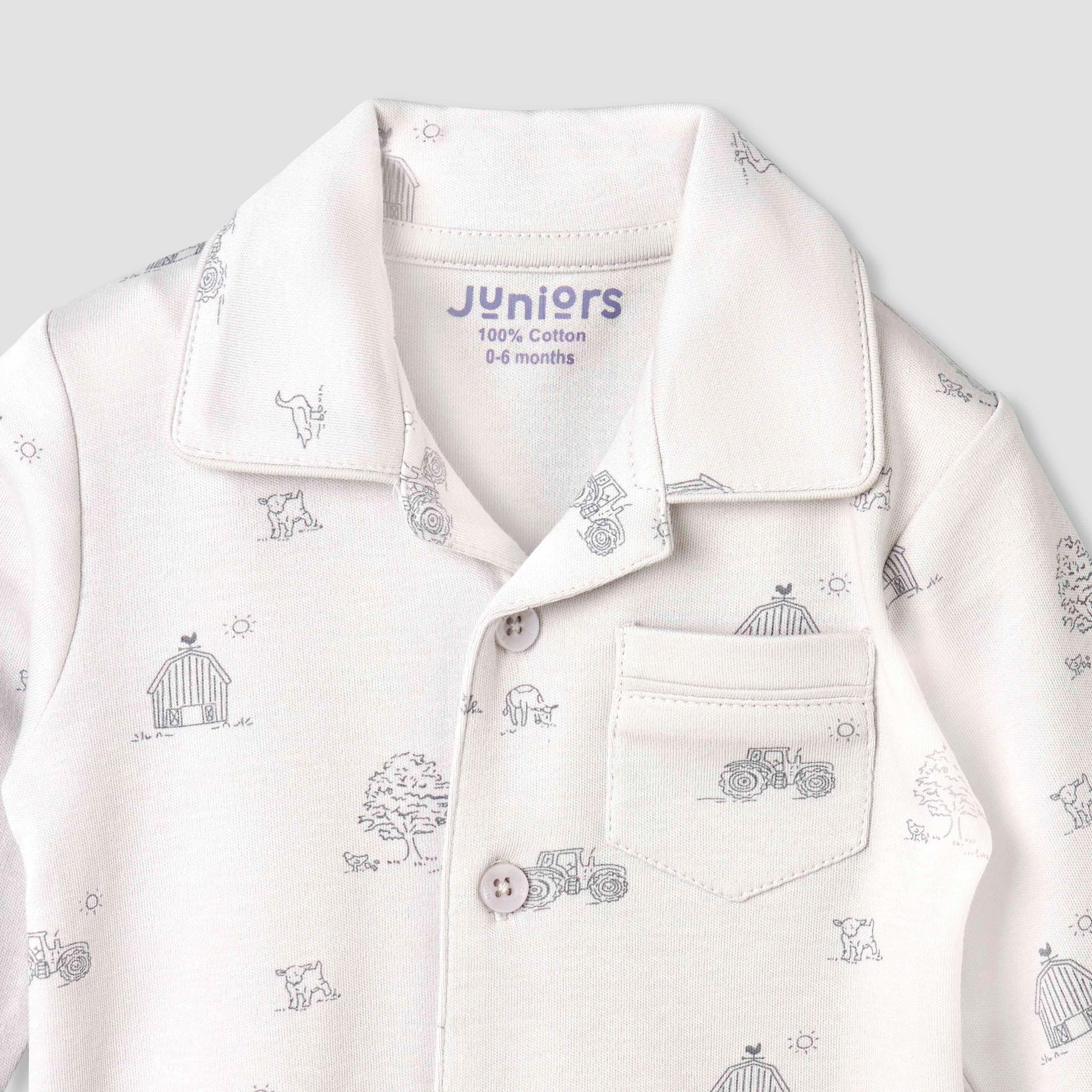 Juniors Cotton Collared Long Sleeves Pyjama Set with Barnyard Print
