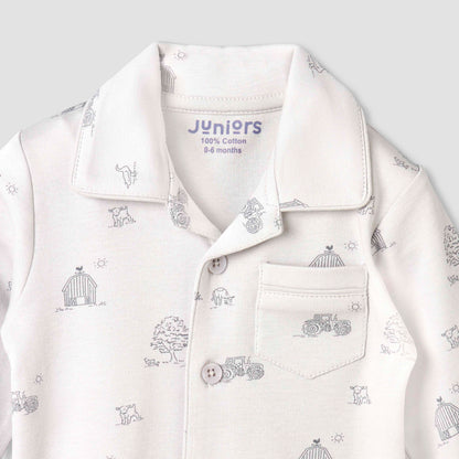Juniors Cotton Collared Long Sleeves Pyjama Set with Barnyard Print