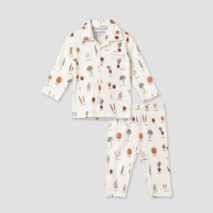 Juniors Cotton Collared Long Sleeves Pyjama Set with Vegetable Print - Cream / 12-18 mths