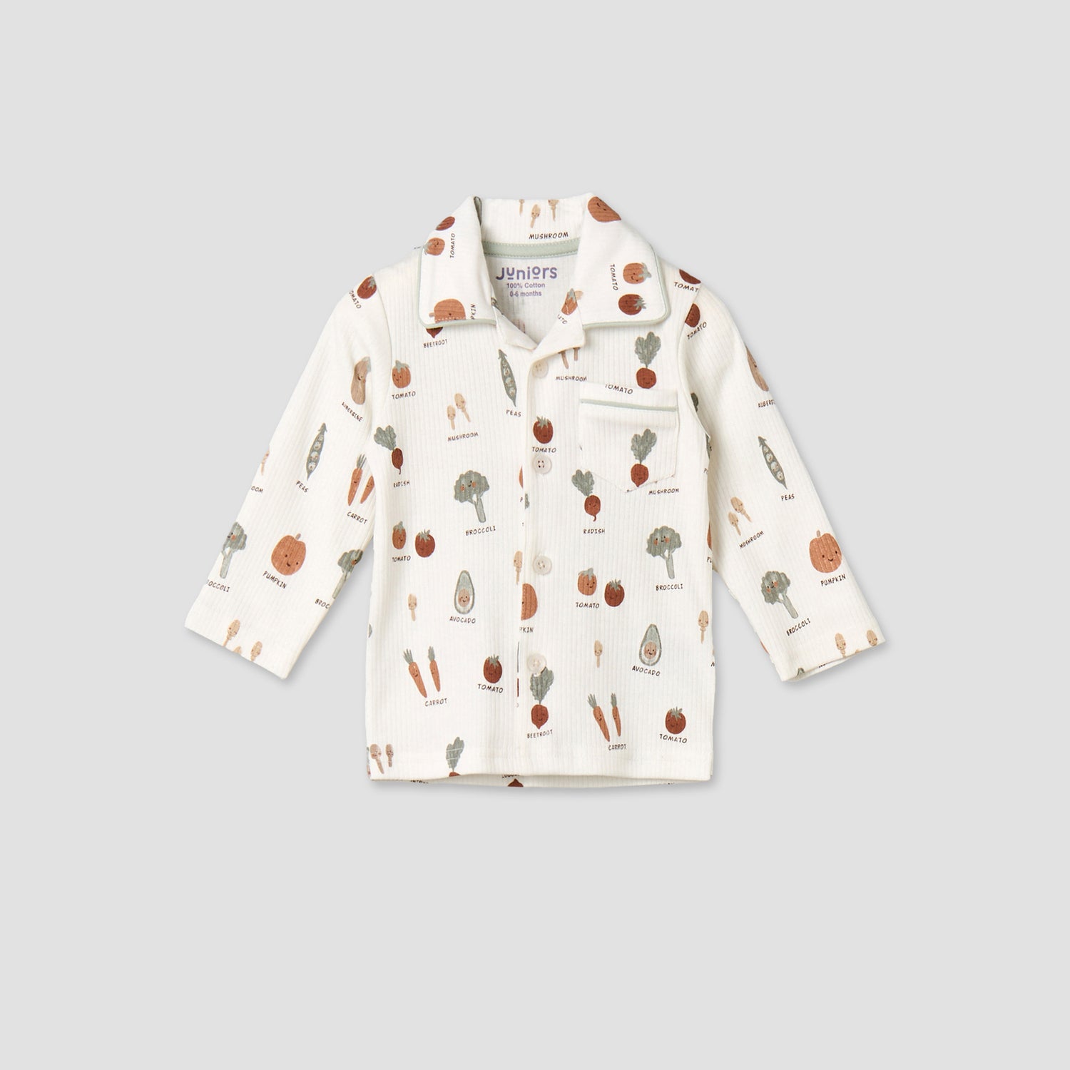 Juniors Cotton Collared Long Sleeves Pyjama Set with Vegetable Print