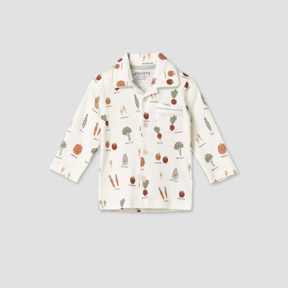 Juniors Cotton Collared Long Sleeves Pyjama Set with Vegetable Print