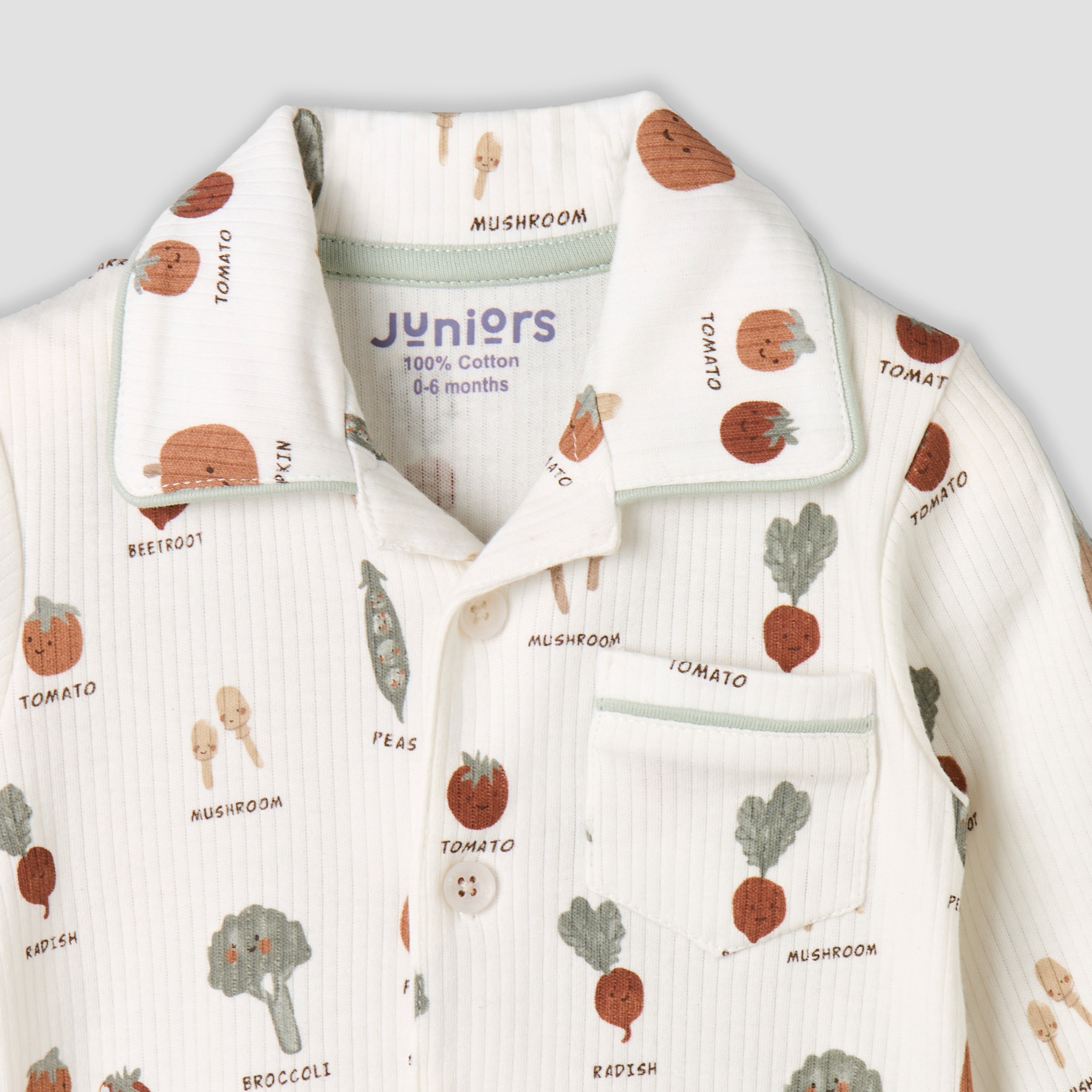 Juniors Cotton Collared Long Sleeves Pyjama Set with Vegetable Print