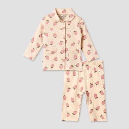 Juniors Cotton Collared Long Sleeves Pyjama Set with Strawberry Print
